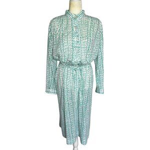 Vintage 70s Seafoam Green Abstract Print Belted Dress Size 16